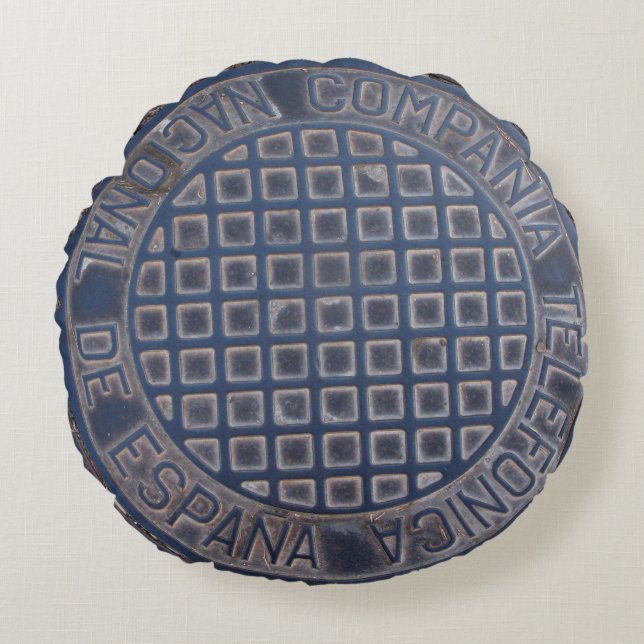Grungy Telefonica Espanica Manhole Round Pillow (Front)