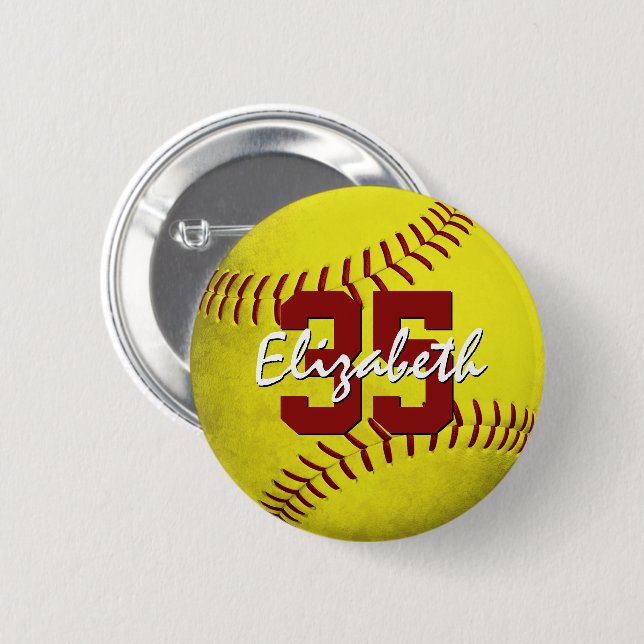 grungy yellow softball girls personalized 2 inch round button (Front & Back)