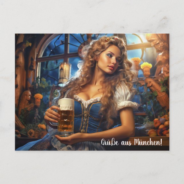 Grüße aus München! Frau im Dirnd mit Bier Postcard (Front)