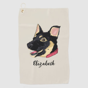 GSD Puppy Illustration Monogram Dog Lover Gift Golf Towel