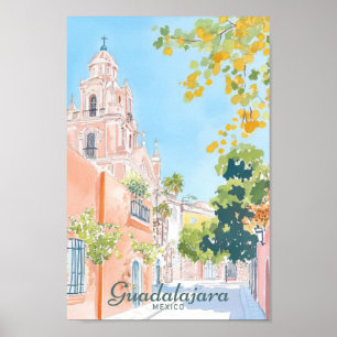 Guadalajara Mexico Gouache Illustration Travel Poster
