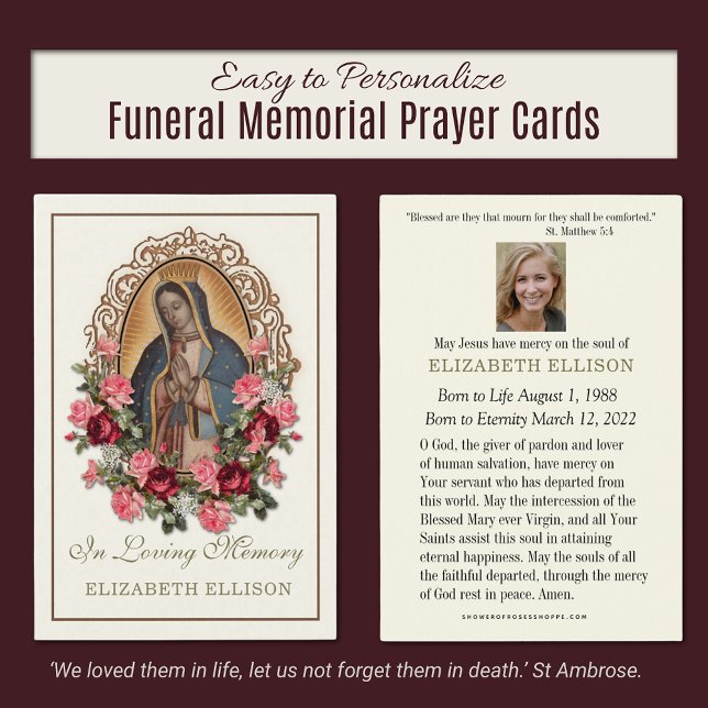 Guadalupe Catholique Funéraire de la Fleurs Carte  (Our Lady of Guadalupe Traditional Catholic Funeral Memorial Prayer Cards)