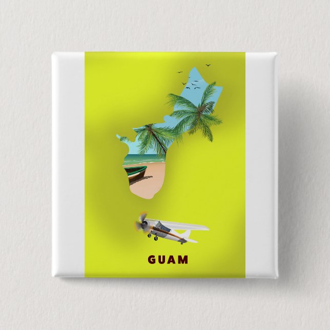 Guam illustrated map travel poster 2 inch square button (Front)