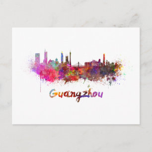 Guangzhou skyline in watercolor postcard