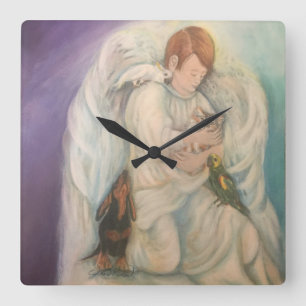 Guardian  Angel Boy with pets Square wall clock
