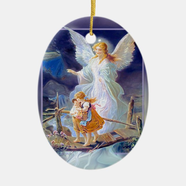 Guardian Angel, Children and Bridge Ceramic Ornament (Front)