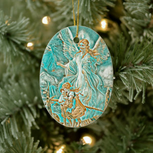 Guardian Angel, Children and Bridge Gold and Teal Ceramic Ornament