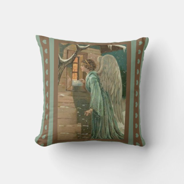 Guardian Angel House Window Hearts Gold Green Throw Pillow (Front)