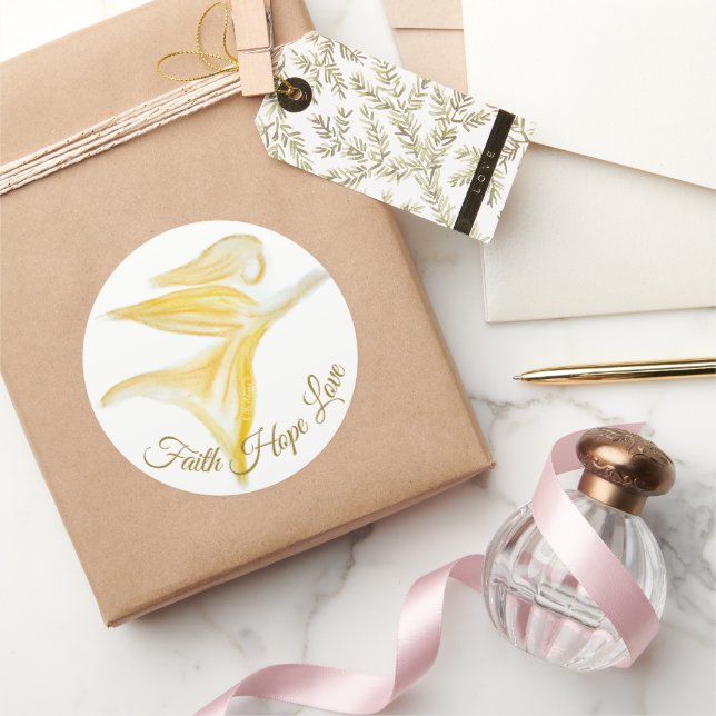 Guardian Angel in Flight – Faith Hope Love Golden Classic Round Sticker (Gifting)