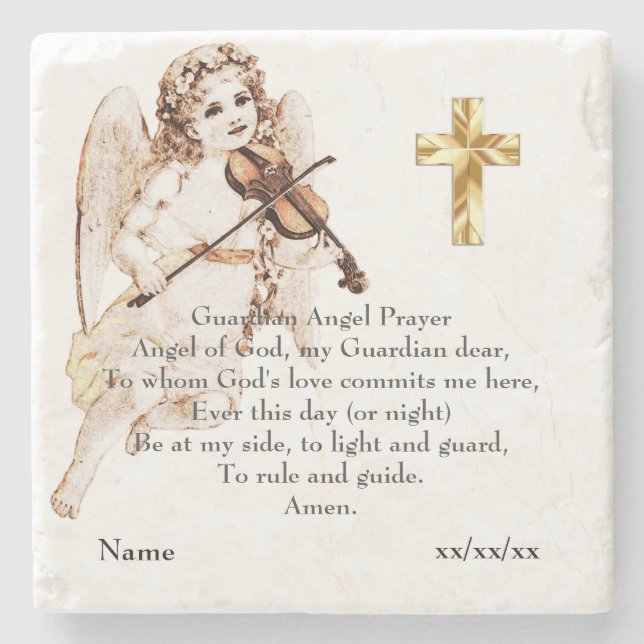 Guardian Angel Prayer Catholic Gift Personalized Stone Coaster (Front)