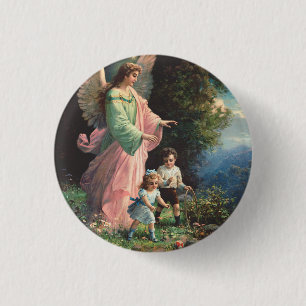 Guardian angel protecting children near a ledge 1 inch round button