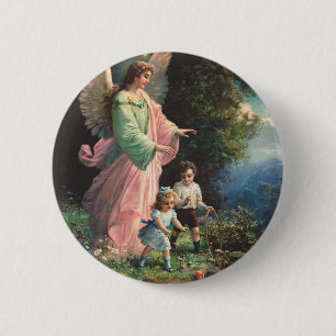Guardian angel protecting children near a ledge 2 inch round button