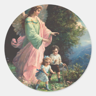 Guardian angel protecting children near a ledge classic round sticker