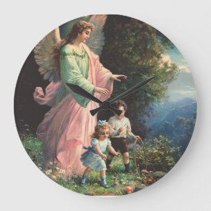 Guardian angel protecting children near a ledge large clock
