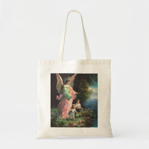 Guardian angel protecting children near a ledge tote bag