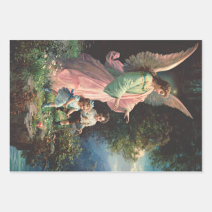 Guardian angel protecting children near a ledge wrapping paper sheet