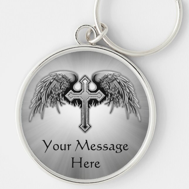 Guardian Angel Winged Cross Design Keychain (Front)