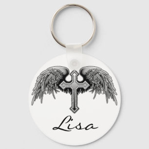 Guardian Angel Winged Cross Design Keychain