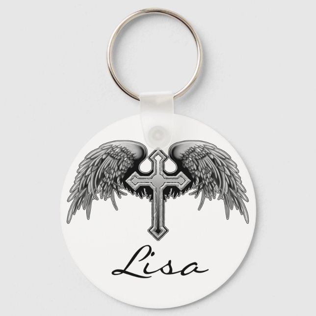 Guardian Angel Winged Cross Design Keychain (Front)