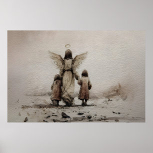 Guardian Angel With Children Print – Minimalist