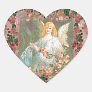 Guardian Angel with Pink Roses Heart Sticker