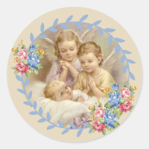 Guardian Angels with Baby Roses Wreath Classic Round Sticker