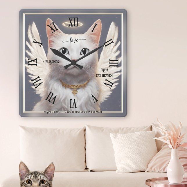 Guardian Cat Angel Fine Art Square Wall Clock (Wall clock featuring a painting of a white guardian cat angel)
