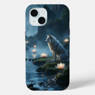 Guardian of the Lotus Lake: Spirit Wolf's Watch iPhone 15 Case