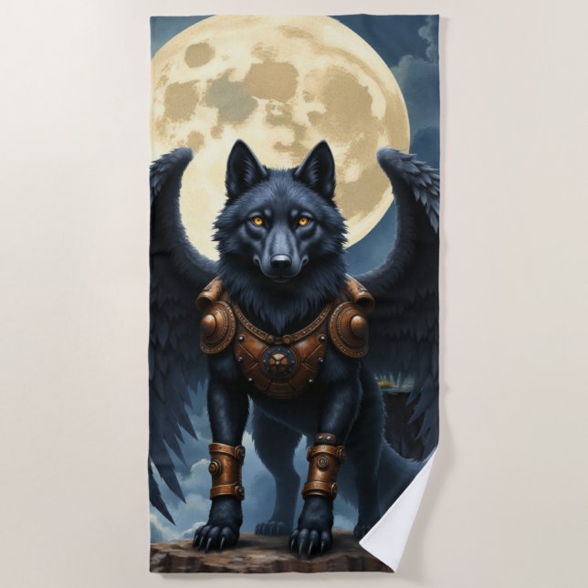 Guardian of the Moon – The Black Winged Wolf Beach Towel (Front)