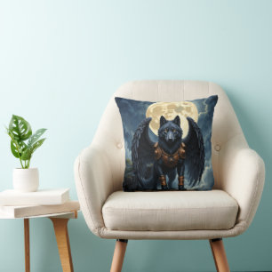 Guardian of the Moon – The Black Winged Wolf Throw Pillow