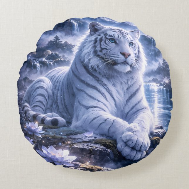 Guardian White Tiger – Silent Strength and Gentle  Round Pillow (Front)