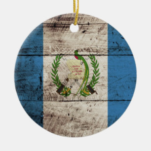 Guatemala Flag on Old Wood Grain Ceramic Ornament