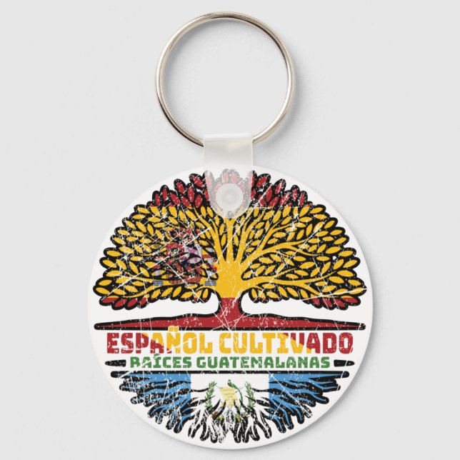 Guatemala Guatemalan Spain Spanish Tree Roots Flag Keychain (Front)