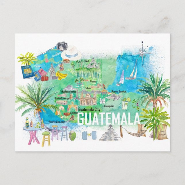 Guatemala Illustrated Travel Map with Roads  Postcard (Front)