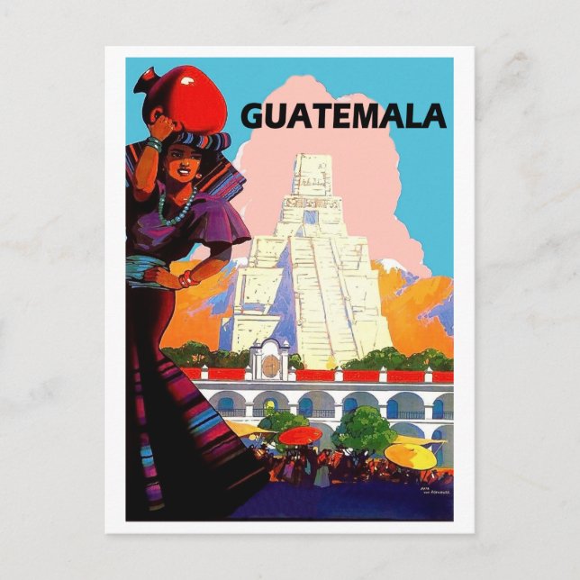 Guatemala, native woman with pottery, pyramid postcard (Front)