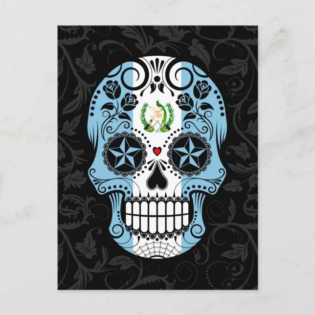 Guatemalan Flag Sugar Skull with Roses Postcard (Front)