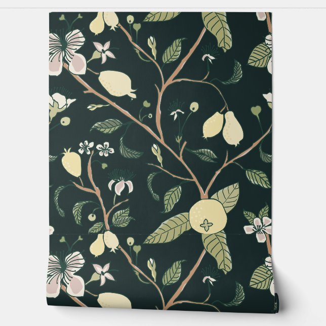 Guava Fruit - Trailing Floral - Deep Dark Green Wallpaper (Unrolling)