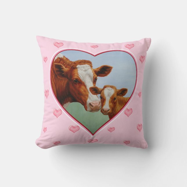 Guernsey Cow & Calf Light Pink Hearts Throw Pillow (Front)