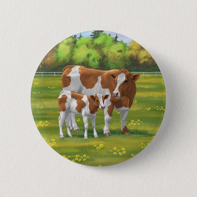 Guernsey Cow & Cute Calf in Summer Pasture 2 Inch Round Button (Front)