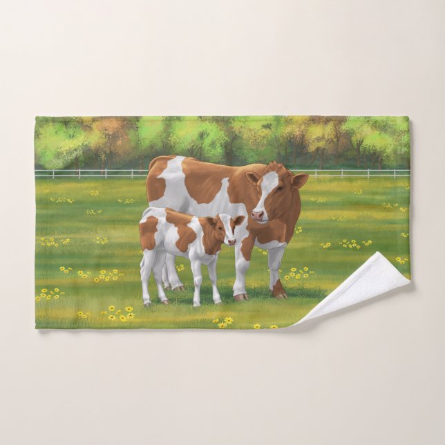 Guernsey Cow & Cute Calf in Summer Pasture Bath Towel Set (Hand Towel)