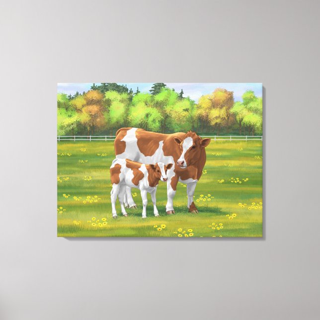 Guernsey Cow & Cute Calf in Summer Pasture Canvas Print (Front)
