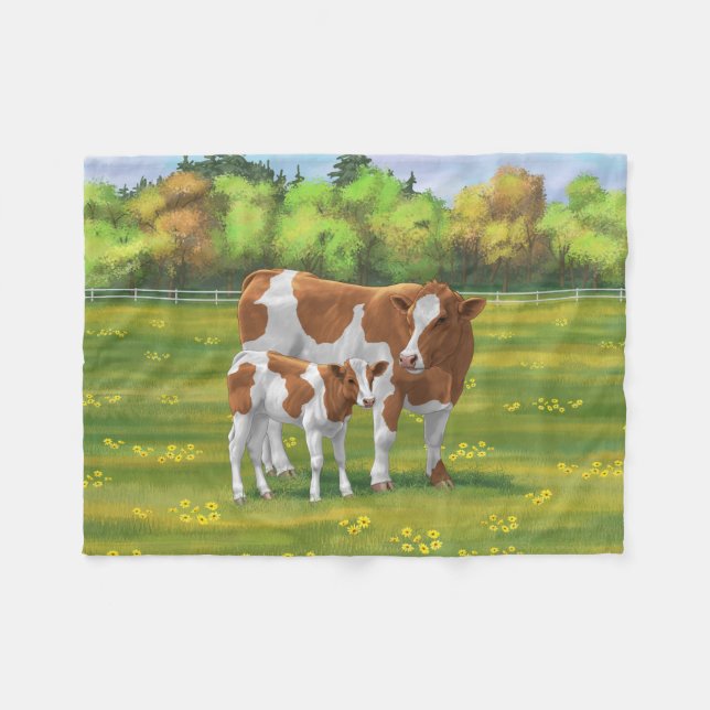 Guernsey Cow & Cute Calf in Summer Pasture Fleece Blanket (Front (Horizontal))