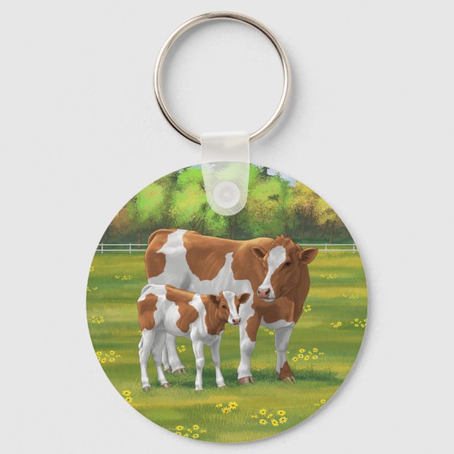Guernsey Cow & Cute Calf in Summer Pasture Keychain (Front)