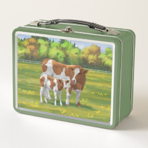 Guernsey Cow & Cute Calf in Summer Pasture Metal Lunch Box