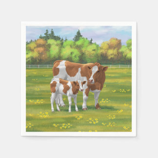 Guernsey Cow & Cute Calf in Summer Pasture Napkin