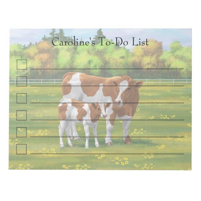 Guernsey Cow & Cute Calf in Summer Pasture Notepad (Front)