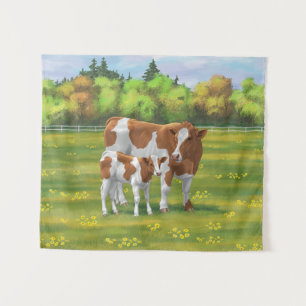 Guernsey Cow & Cute Calf in Summer Pasture Tapestry