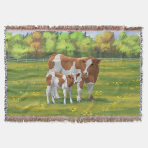 Guernsey Cow & Cute Calf in Summer Pasture Throw Blanket