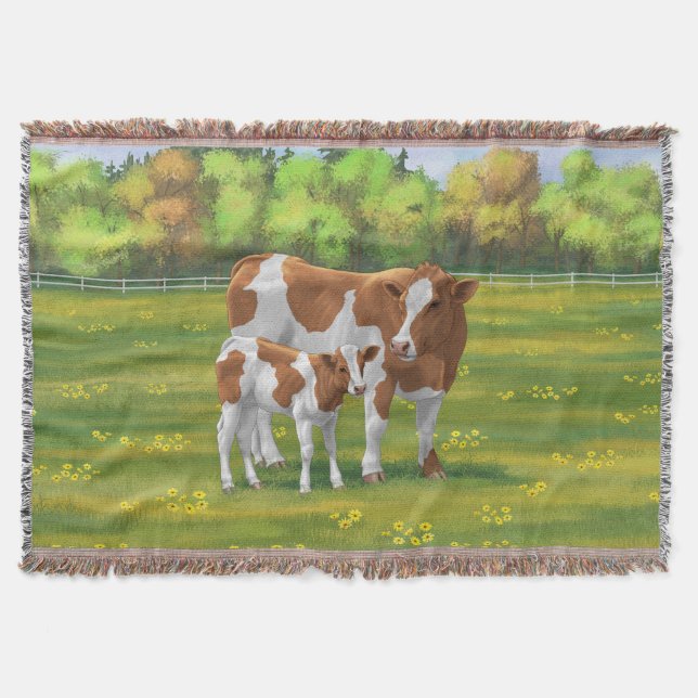 Guernsey Cow & Cute Calf in Summer Pasture Throw Blanket (Front)