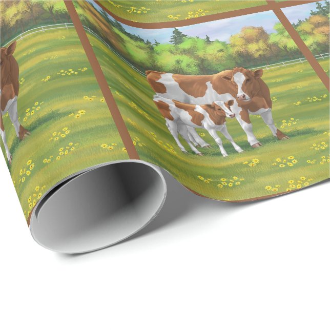 Guernsey Cow & Cute Calf in Summer Pasture Wrapping Paper (Roll Corner)